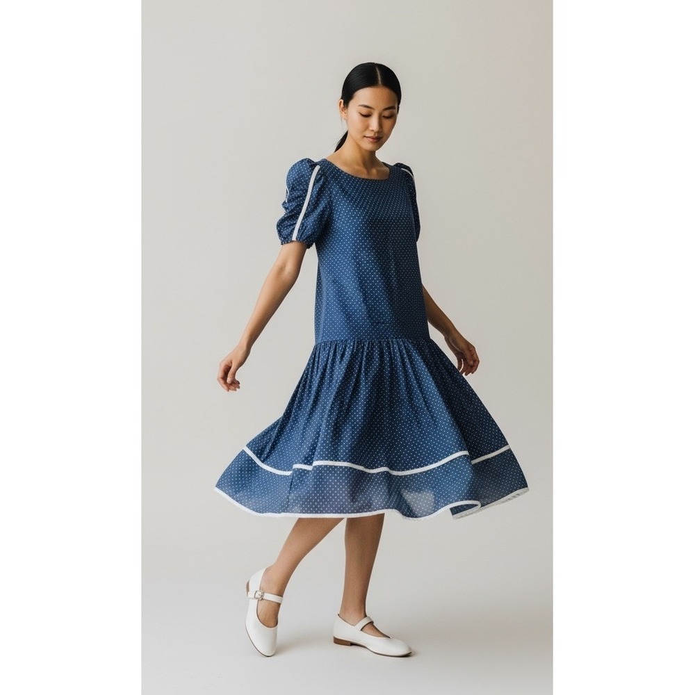 80s Vintage Scooter Dress Polka Dot Blue Puff Sleeve Drop‎ Waist Twee Small XS